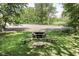 Backyard with a picnic table and fire pit surrounded by lush greenery and trees at 310 Wellington Overlook, Noblesville, IN 46060