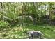 A backyard with a picnic table and fire pit set amidst mature trees and greenery at 310 Wellington Overlook, Noblesville, IN 46060