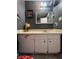 Bathroom featuring a single sink vanity with aged white cabinets and a framed mirror at 6432 Commons Dr, Indianapolis, IN 46254