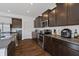 Stylish kitchen featuring dark cabinetry, stainless steel appliances, granite countertops, and wood flooring at 6903 Aster Dr, Pendleton, IN 46064