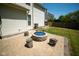 Backyard features a blue glass fire pit with wood stump seating on a stone patio at 6913 Thousand Oaks Ln, Indianapolis, IN 46214