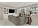 Bright, modern living room with large built-in media center, plush sofa, and plantation shutters at 8905 Stonebriar Dr, Indianapolis, IN 46259