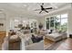 Open-concept living room with a fireplace, built-in shelves, and hardwood floors flowing to the kitchen at 8905 Stonebriar Dr, Indianapolis, IN 46259