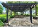 Outdoor space featuring a pergola-covered bar area with brick pavers, lights, and lush landscaping for entertaining at 8905 Stonebriar Dr, Indianapolis, IN 46259