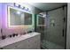 Modern bathroom featuring double sinks, a large mirror, and a glass-enclosed shower at 10773 Brighton Knoll S Pkwy, Noblesville, IN 46060