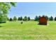 Large grassy backyard with a wooded area and a storage shed at 5979 E Oak Hl Dr, Plainfield, IN 46168