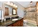 Bathroom featuring stone-look tile, a dark vanity, and a glass-enclosed shower at 5979 E Oak Hl Dr, Plainfield, IN 46168