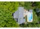 Aerial shot of a property showcasing the house, pool, large yard, and lush greenery at 6839 Chaucer Ct, Indianapolis, IN 46220