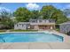 Stunning backyard with a large in-ground pool, patio space, and a charming shed at 6839 Chaucer Ct, Indianapolis, IN 46220