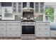 Modern kitchen with stainless steel range, gray cabinets and tile backsplash at 6839 Chaucer Ct, Indianapolis, IN 46220