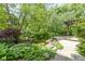 Scenic backyard landscaping with a pathway, pond, stones and lush greenery at 7372 Fox Hollow Rdg, Zionsville, IN 46077