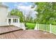 Spacious wood deck with white railings, and view of large, well-manicured backyard at 9790 Summerlakes Dr, Carmel, IN 46032