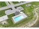 Aerial view showcases pool with landscaping, parking and nearby playground and pond at 9860 Gallop Ln, Fishers, IN 46040