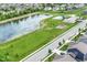 Aerial view showcases a neighborhood pond near community amenities with lush green space and manicured lawns at 9860 Gallop Ln, Fishers, IN 46040