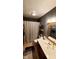 Functional bathroom showcasing dark gray walls, a shower-tub combo, single sink vanity, and decorative shelving at 1102 Redwood Dr, Brownsburg, IN 46112