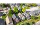 Aerial view of the neighborhood with mature trees, sidewalks, and colorful homes at 1311 E Michigan St, Indianapolis, IN 46202