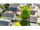 Aerial view of backyards featuring an outdoor patio set, pool, and manicured green lawns at 1311 E Michigan St, Indianapolis, IN 46202