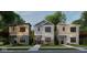 New construction featuring modern townhomes with unique architectural details, green lawns, and welcoming entrances at 1429 Deloss St, Indianapolis, IN 46201