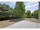 Backyard view from concrete patio showing mature trees and lawn with a wooden fence at 19570 Forsythe Dr, Noblesville, IN 46060