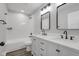 Bathroom featuring double sink vanity, white subway tile, and modern fixtures at 19570 Forsythe Dr, Noblesville, IN 46060
