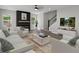 Stylishly furnished living room features a modern fireplace, ample seating, and a staircase leading to the upper level at 19570 Forsythe Dr, Noblesville, IN 46060