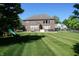 Expansive backyard with a brick home, patio, fire pit, and playground, ideal for Gathering fun at 2219 Stone Manor Ct, Avon, IN 46123