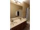 Bathroom featuring double sinks with a dark wood cabinet, a large mirror, and a shower with curtain at 2219 Stone Manor Ct, Avon, IN 46123