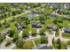 Aerial view of home near a serene community pond with fountain, and well-manicured lawns at 28 Hudson Bay Ln, Greenwood, IN 46142