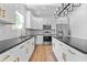 Modern kitchen with white cabinets, black countertops, and stainless steel appliances at 28 Hudson Bay Ln, Greenwood, IN 46142