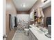 Bathroom featuring single vanity, neutral walls, and a floral shower curtain at 3341 Enclave Xing, Greenwood, IN 46143