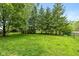 Expansive backyard featuring a lush lawn, privacy trees, and secure black chain-link fencing at 6138 Bartley Ct, Indianapolis, IN 46236