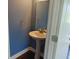 The photo shows a powder room with blue walls, a gold faucet, a pedestal sink, and a mirror at 6836 Eagle Crossing Blvd, Brownsburg, IN 46112