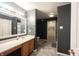 Modern bathroom with gray walls, wood-look floors, and well-lit vanity with bright mirror at 10266 Hatherley Way, Fishers, IN 46037