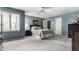 Inviting bedroom with blue walls, a ceiling fan, and neutral carpet, creating a serene and comfortable atmosphere at 10554 Hyde Park, Carmel, IN 46032