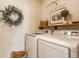Organized laundry room with modern machines, a shelf, and decorative touches for a functional space at 14291 Holly Berry Cir, Fishers, IN 46038