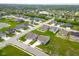 Aerial view of a suburban community, highlighting houses, streets, and green lawns at 3622 S Setting Sun Ln, New Palestine, IN 46163
