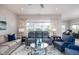 Bright living room featuring a blue sofa, chairs, and a stylish area rug at 3622 S Setting Sun Ln, New Palestine, IN 46163