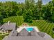 Aerial view of the backyard featuring a beautiful pool, stone patio and fire pit at 4242 Watson Rd, Greenwood, IN 46143