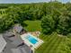 Backyard aerial view featuring a beautiful pool, stone patio and outdoor fire pit at 4242 Watson Rd, Greenwood, IN 46143