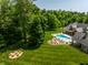 Inviting backyard with a sparkling pool, firepit, and lush landscaping creating an outdoor oasis at 4242 Watson Rd, Greenwood, IN 46143