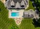 Aerial view of a private pool, stone patio and outdoor firepit at 4242 Watson Rd, Greenwood, IN 46143