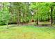 Picturesque view of a wooded backyard with a vibrant green lawn and a small red shed at 504 W Gold Creek Rd, Mooresville, IN 46158