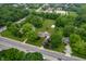 Overhead shot showcasing a neighborhood with lush trees, homes, and a spacious lot with red barn at 5330 W 56Th St, Indianapolis, IN 46254