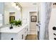 Bathroom featuring a double vanity, modern fixtures, and a decorative shower curtain at 7242 Barrett Dr, Brownsburg, IN 46112