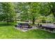 Expansive backyard with lush greenery, mature trees, a fire pit and a deck for outdoor enjoyment at 7345 Monon Cir, Indianapolis, IN 46256