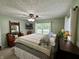 Bedroom features green walls, ceiling fan and a large window with blinds and curtains at 9521 Gemini Dr, Indianapolis, IN 46229