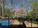 Backyard oasis featuring a sparkling in-ground pool with mature trees at 11536 Woods Bay Ln, Indianapolis, IN 46236