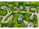 An aerial view showcases a neighborhood with lush trees, featuring a home with a sparkling pool in the backyard at 2055 Mulsanne Dr, Zionsville, IN 46077