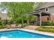Inviting backyard pool area featuring a stone patio, pergola, and lush greenery at 2055 Mulsanne Dr, Zionsville, IN 46077