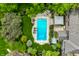 Aerial view of a pool with lounge chairs, lush landscaping, and an outdoor seating area with fire pit at 2055 Mulsanne Dr, Zionsville, IN 46077